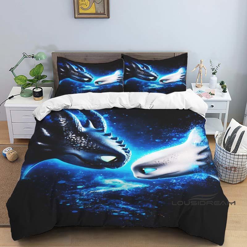 "How To Train Your Dragon" Cartoon-Print 3-Piece Bedding Set — Duvet Cover & Pillowcases (Suitable for Teens & Children — Boys &