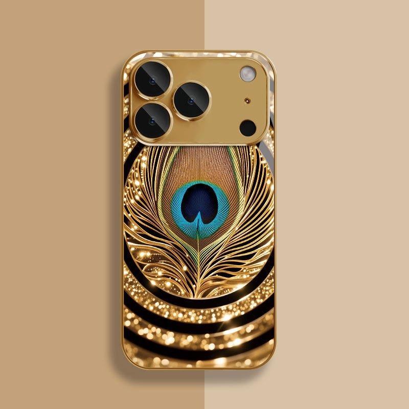 Golden Peacock Feather Pattern Gold Metallic Glass Phone Case For iPhone 11 12 13 14 15 16 17 Pro Max 14 Plus 17 Air 16E Cover