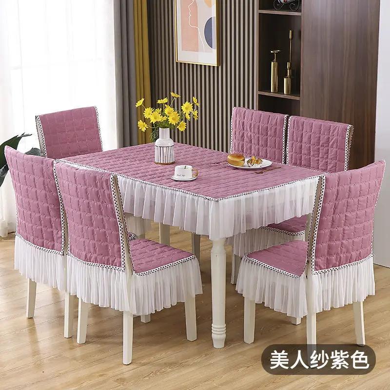 Toalha de mesa de renda de cor sólida simples, alça antiderrapante, almofada de assento integrada, capa de encosto, mesa de jantar doméstica, cadeira, capa de poeira