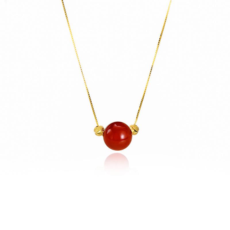 High-End Chinese Acacia Red Bean & Agate Necklace with Luck Bead Clavicle Chain