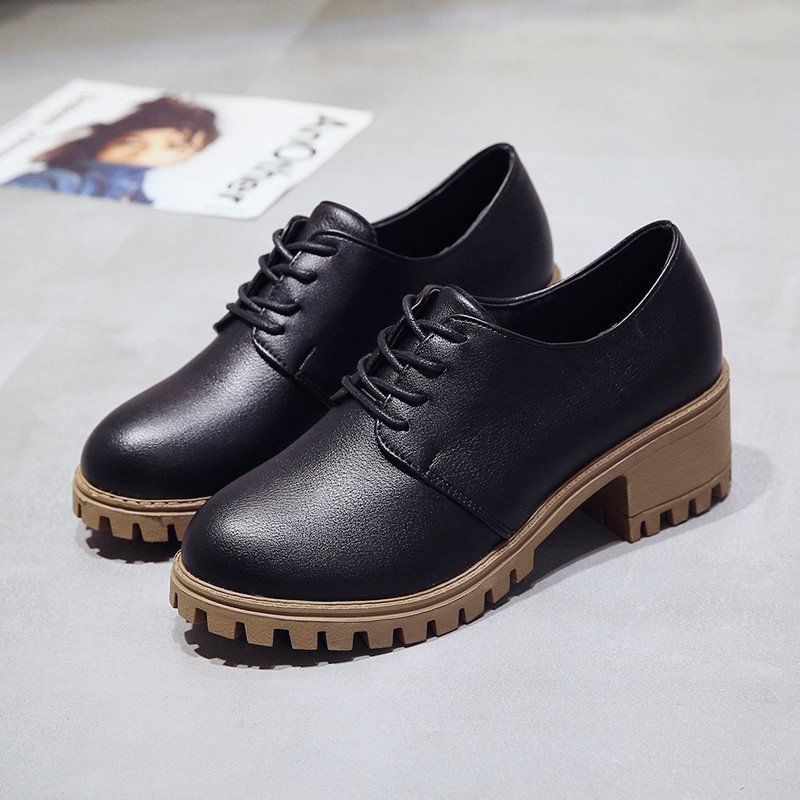 Small leather shoes women's spring and autumn 2025 new round head lace-up high-heeled single shoes women's thick-heeled waterproof table British s