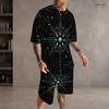 Men s Plus Size Round Neck Short Sleeve Printed Top And Drawstring Shorts With Pockets Two Piece Set Black Blue Green