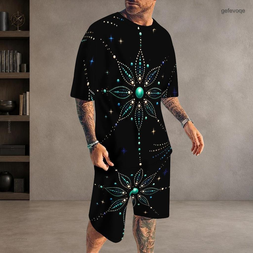 Men s Plus Size Round Neck Short Sleeve Printed Top And Drawstring Shorts With Pockets Two Piece Set Black Blue Green