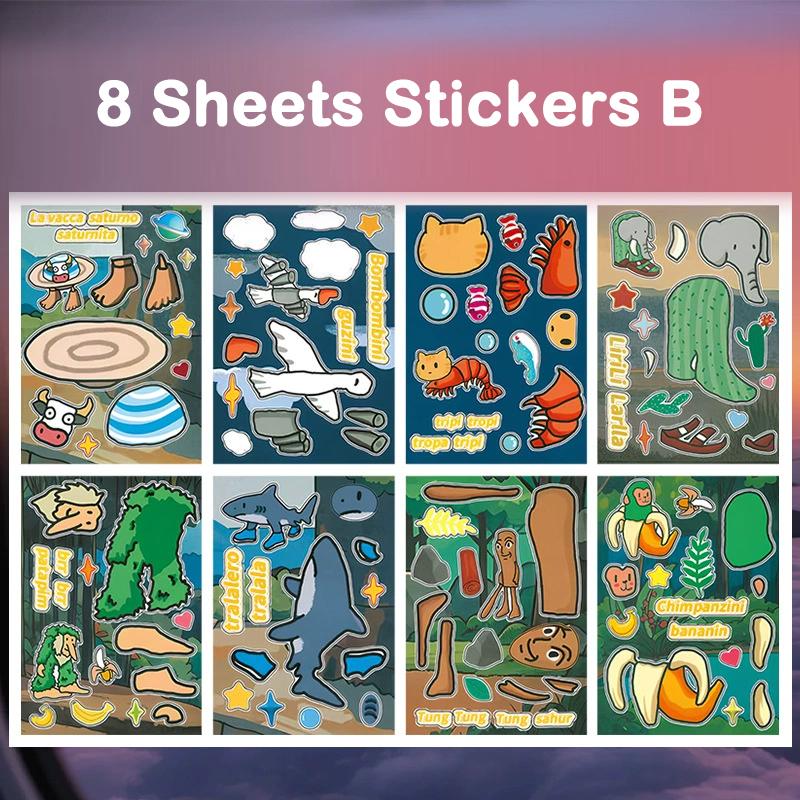 16/8 Sheets Italian Brainrot Sticker Tungtungtung Sahur Tralalero Tralala Shark Stickers Make a Face Puzzle Game Birthday Gift