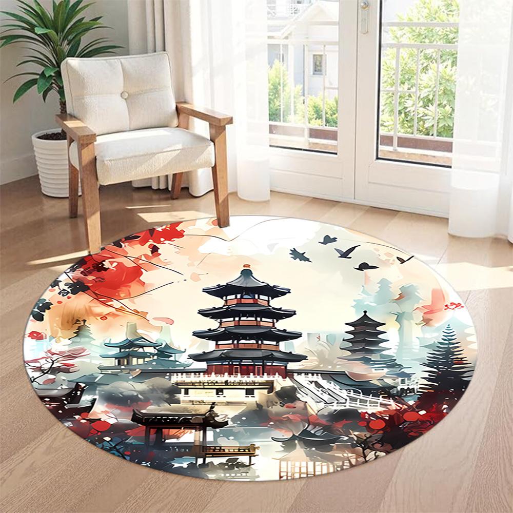 Chinese-style Architecture Round Carpet Perfect for Dormitory Foyer Balcony Living Rooms Anti-slip Round Rug Decorate Offices Best for Christmas