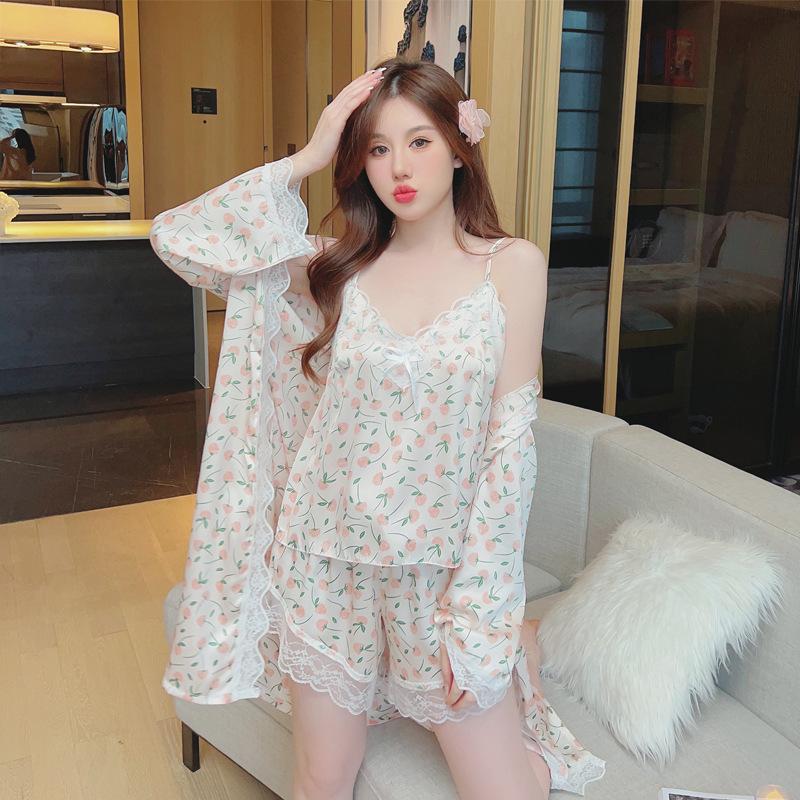 Pajamas women's spring and summer ice silk long-sleeved suspender shorts nightgown three sets with chest pads sexy lace seduction loungewear