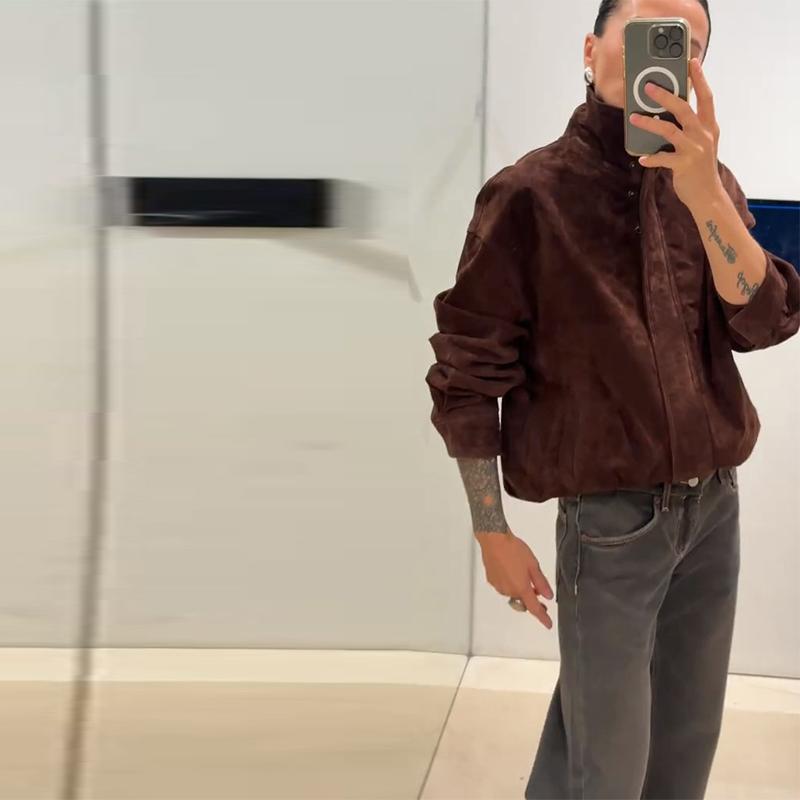 Stand Up Collar Suede Windproof and Warm Brown Jacket Zipper Long Sleeve Women's Jacket Retro Streetwear Autumn and Winter