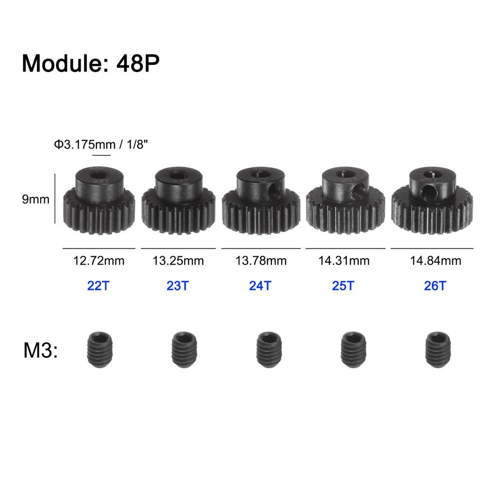 uxcell 48P Pinion Gear Set, 3.175mm (1/8") Shaft, 22T, 23T, 24T, 25T, 26T, Motor Gear, Hardened Steel Spur Pinion Gear with Step for RC Car (Set of 5)