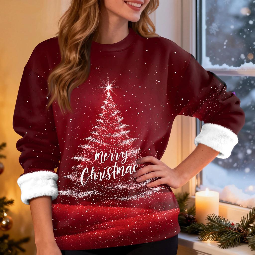 Women's Fashion Casual Long Sleeve Christmas Printed Round Neck Top Sweatshirt