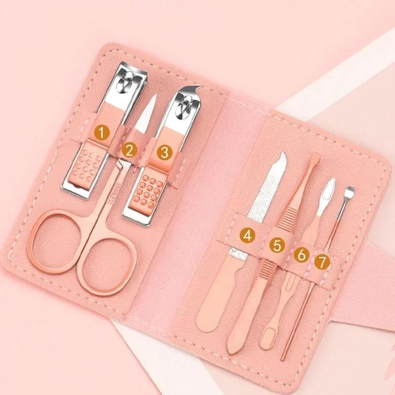 Manicure Pedicure Nail Care Manicure Kit Set 7pcs Cutter Scissor Tweezer Clipper Kit Set With Colorful PU Leather Case