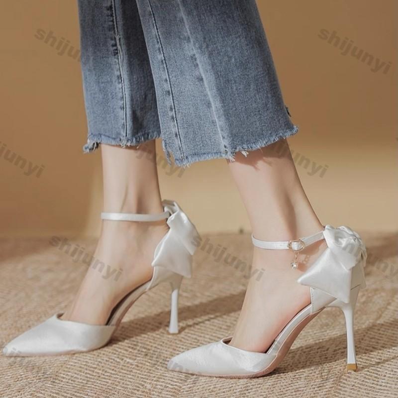 Fashion Women Elegant Nude High Heels Pumps Shallow Mouth Slip on Stiletto High Heel Shoes Woman Sexy Bows Point Toe Party Banquet Shoes