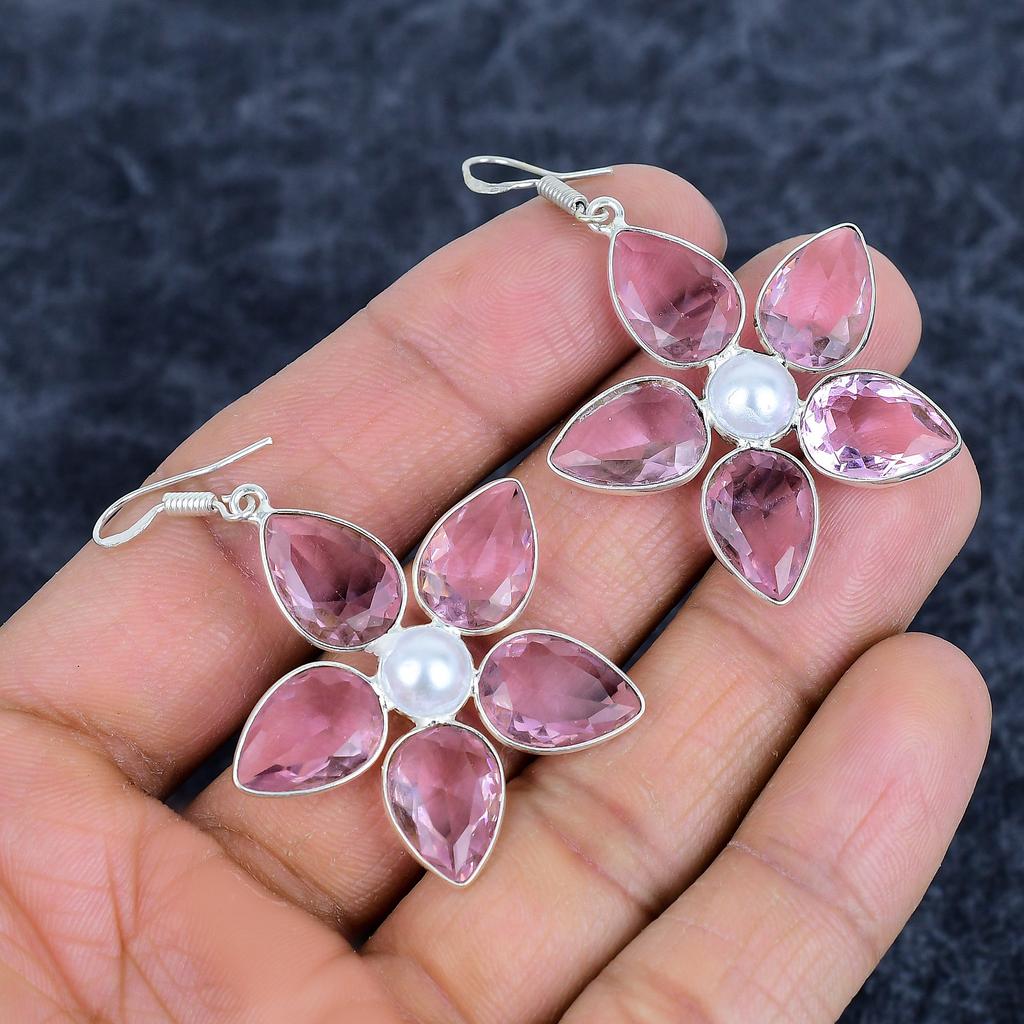 Pink Kunzite, Pearl Gemstone 925Sterling Silver Jewelry Earring 2.17" M-3136