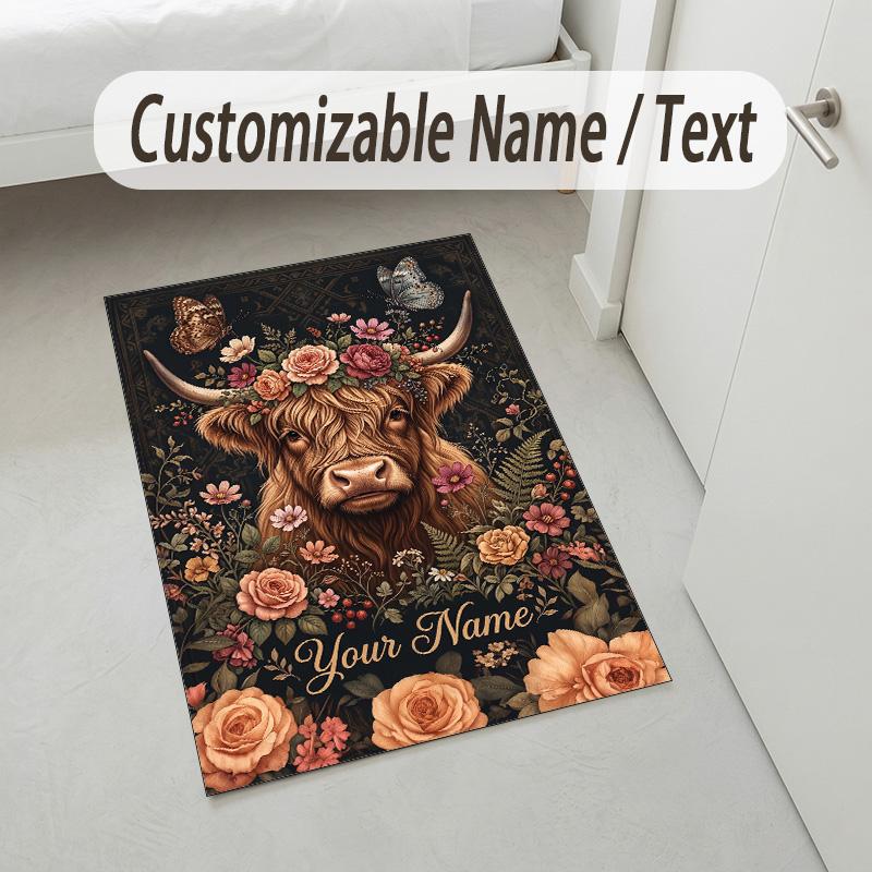 Cow Highland Theme Crystal Velvet Rug Personalized Custom Name Text Soft Floor Mat Home Decor