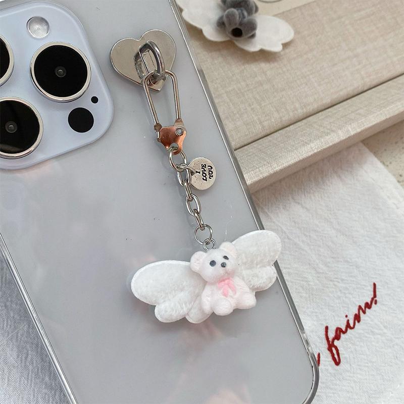 Cartoon Flocking Cat Pendant Keychain Y2K Butterfly Wings Key Ring For Women Girls Cute Camera Bag Pendant Decoration Gifts