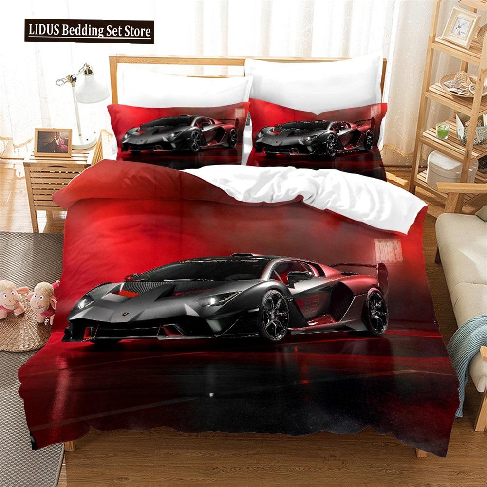 Speed Sports Car Duvet Cover Set Full Queen Size Red Cool Racing Car Bedding Sets Speed Automobile Extreme Sport Quilt Cover Set