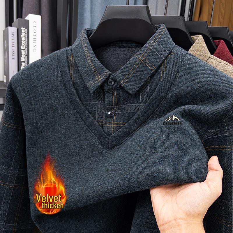 

2025 Men s Winter Thick Fleece-Lined Wool Knitwear: Mid-Aged Dad Style Lapel Fake Two-Piece Sweater 4XL [190-210 jin]
