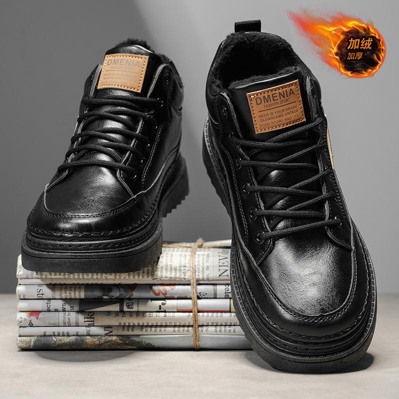 Fleece Men's Shoes, New Autumn and Winter High-top Board Shoes, Men's Leather Warmth, Thickened Cotton Shoes, Low-top Martin Boots