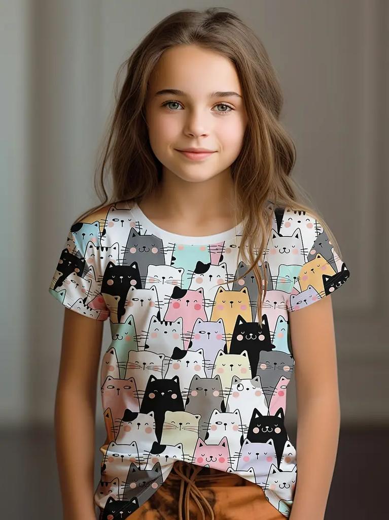 Kinderkleidung Kinder T-Shirt Mädchen Kurzarm Top Cartoon Katze Kawaii Mädchen Sommerkleidung Kinder T-Shirt Kinderkleidung