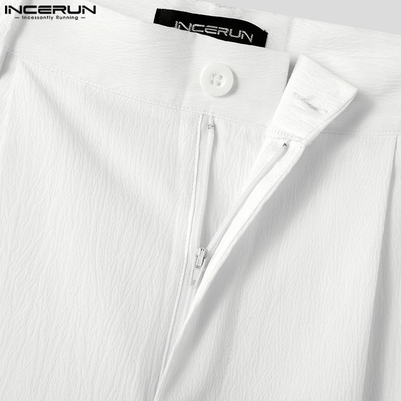 INCERUN Men Spring Zipper Up High Waist Texture Trousers Casual Button Straight Pants