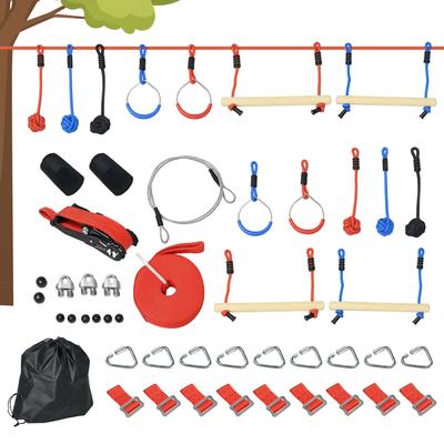 Ninja Obstacle Course for Children, 30 Accessories and Carrying Bag, 10m Blue, Black and Red Slackline