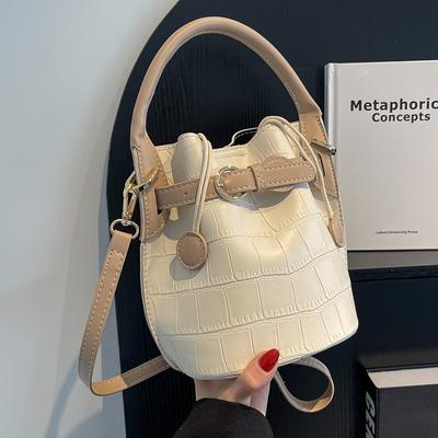 Chic Women PU Crossbody Bags Summer Textured Single Shoulder Pack Contrast Color Casual Trendy Female Handle Bucket Bags