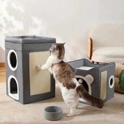 Pet Cat House Large Cat Bed Four Season Universal Double Layered Cats With Fluffy Ball Hanging Cube Beds For Large Kitten Indoor