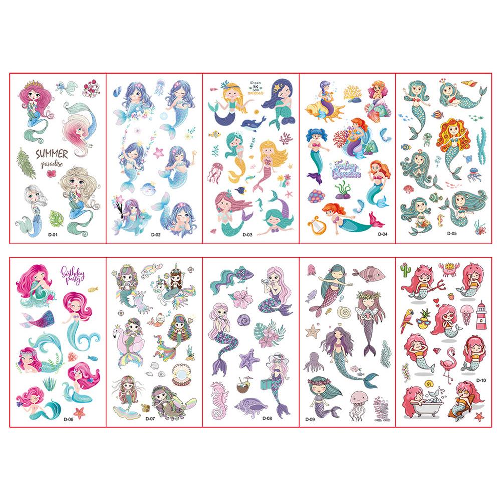 10 Folhas/Conjunto Adesivos de Tatuagem de Sereia de Desenho Animado para Crianças À Prova d'Água Fofos Engraçados Tatuagem Falsa Temporária para Crianças Meninas Presente