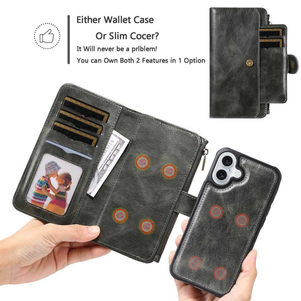 For iPhone 16 Plus Magnetic Case Detachable PU Leather Zipper Wallet Cover