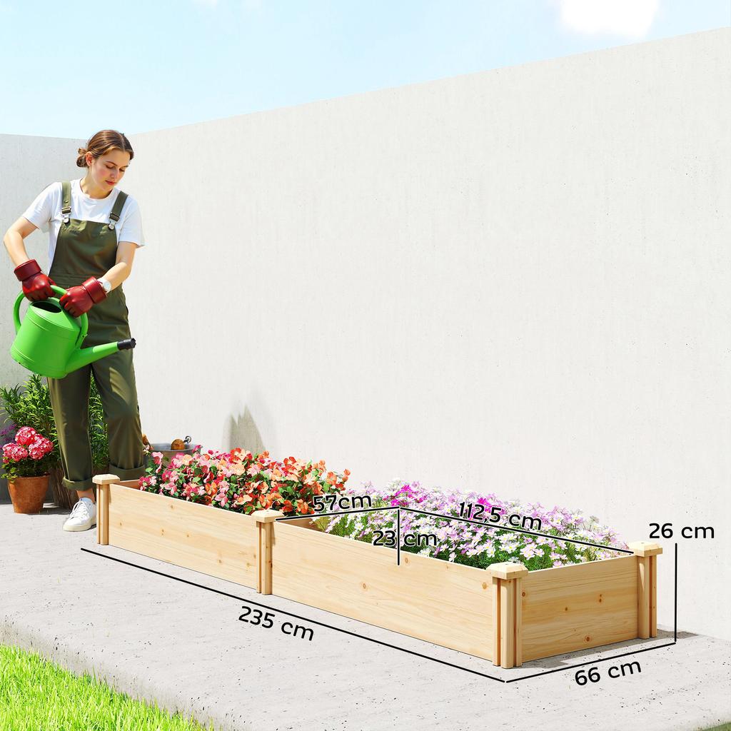 Raised Garden Bed Wood, Planting Bed with Partition, Open Bottom, Cold Frame Garden Bed, 235 x 66 x 26 cm, Natural Wood