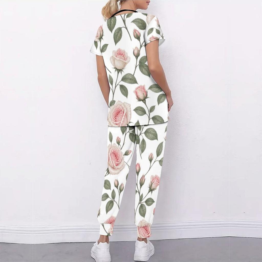 Women Plus Size Rose Printed Nurse Scrub Set V Neck Short Sleeve Pocket Top Long Pants