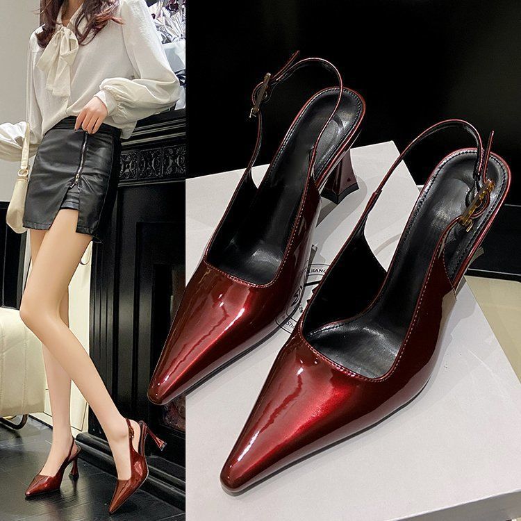 2025 Spring New Temperament Bright Face Pointed High Heel Sandals Thin Heel Side Empty Sexy Back Trip Strap Women's Shoes