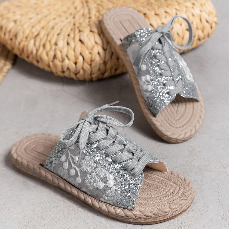 Women's Sequin Mesh Embroidered Lace-Up Open Toe Flat Sandals, Fashion Plus Size