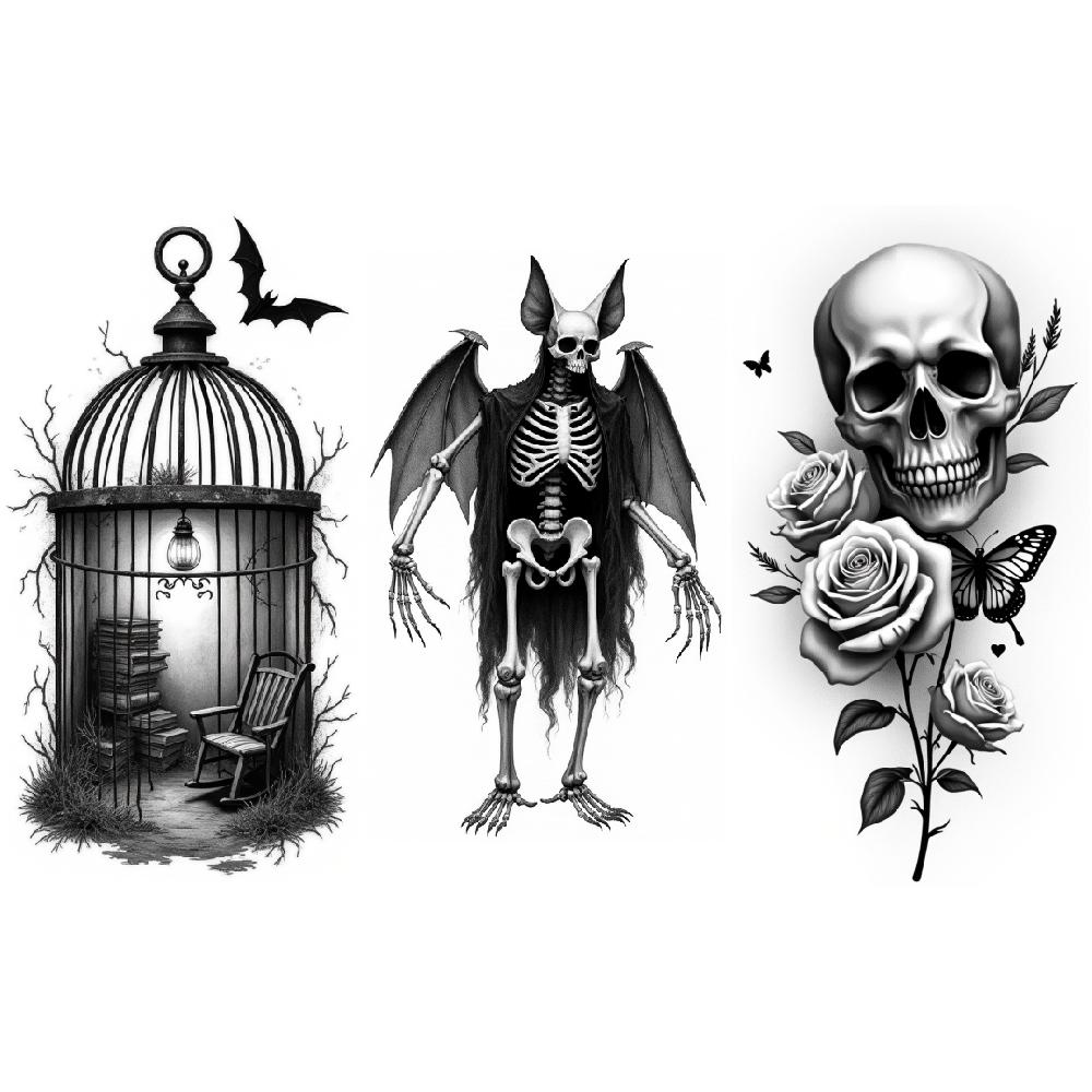 3pcs Temporary Tattoo Realistic Temporary Tattoos Skull With Snake Skull With Roses Deer Skull For Women Adults Men