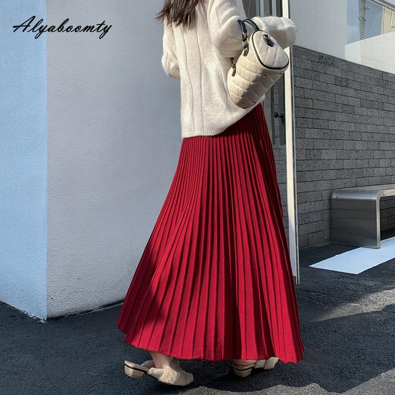 Koreanischer Stil Herbst Winter Damen Plisseerock Hohe Taille Beige Schwarz Rot Strick Langrock Dick Warm Gestrickt Eleganter Rock