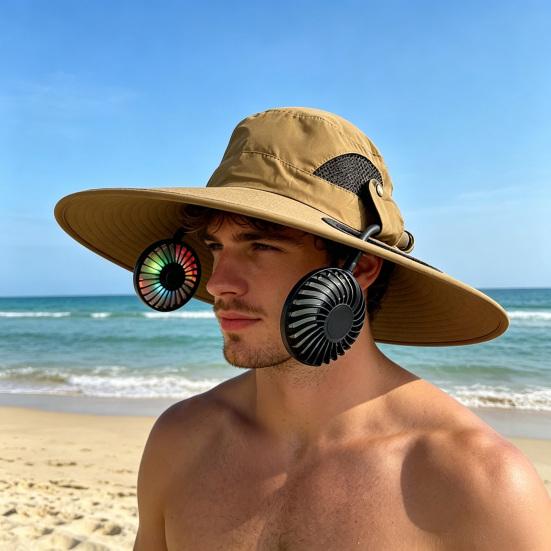 Chapeau Bob Double Ventilateur 2-en-1 Casquette Rafraîchissante avec Ventilateurs Amovibles Rechargeables par USB Pales Phosphorescentes Vitesse Réglable Chapeau de Soleil à Large Bord