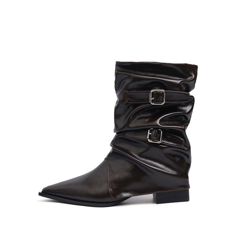 Cowhide Version~ Pointed Western Cowboy Boots Women's Autumn and Winter Thin Maillard Short Boots Retro Thick Heel Medium Tube Knight Boots