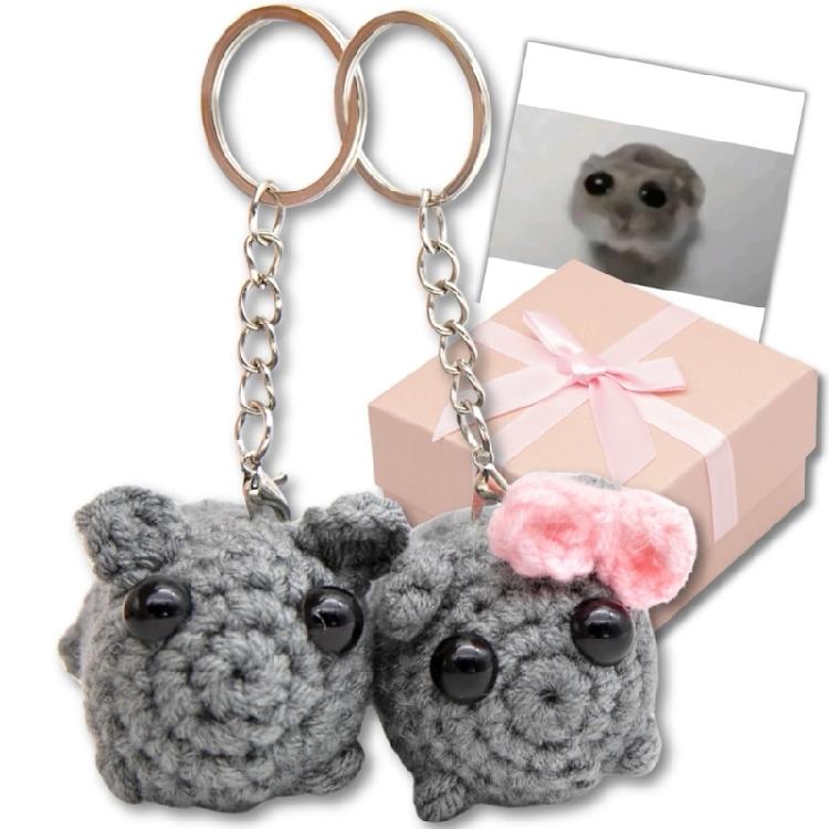 Multipurpose Sad Hamster Couple Keychain Charm Pendant 2 Pack, Handmade Crochet, Unique Accessory For Bags And Keys
