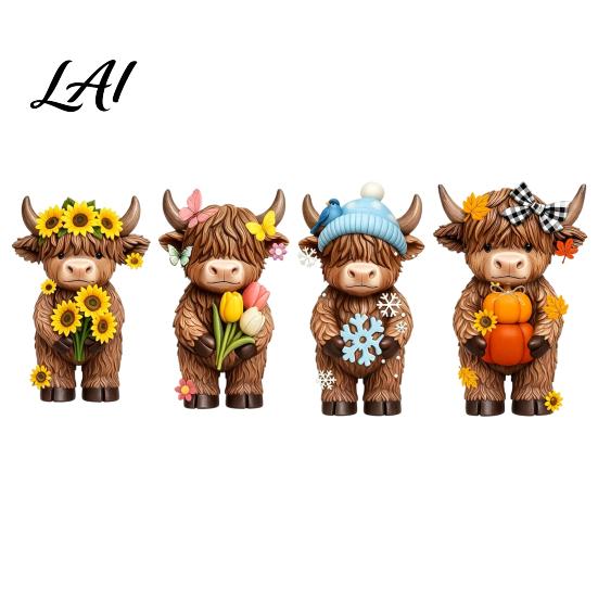 Hand Painted Highland Cattle 4 Pcs Seasonal Cow Figurines Spring Summer Fall Winter Rustic Shelf Accent Seasons Scottish Statue Resin Table