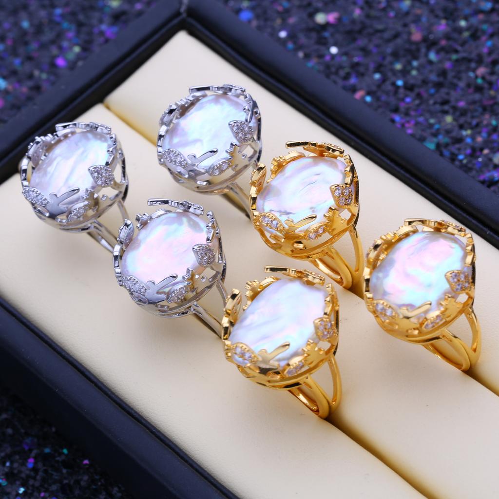 Fenasy Store barokke ringer med naturlige ferskvannsperler for kvinner Mote Damers Kubisk Zirkonia Stor Perlering Gave