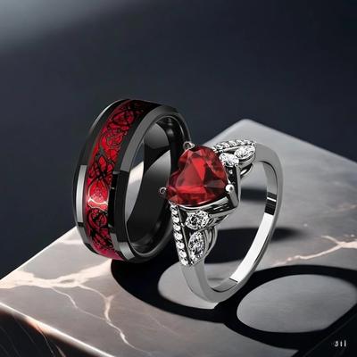 Anillos de Pareja Góticos Románticos con Incrustaciones de Circonita Roja y Cristal en Forma de Corazón con Patrón de Doble Dragón para Mujeres Hombres Joyería de Lujo Brillante Regalo