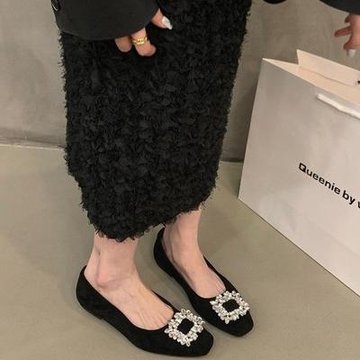 Flat Bottom High-end Square Head Rhinestone Single Shoes Women's Shoes Spring 202 New Black Commuter Work Shoes