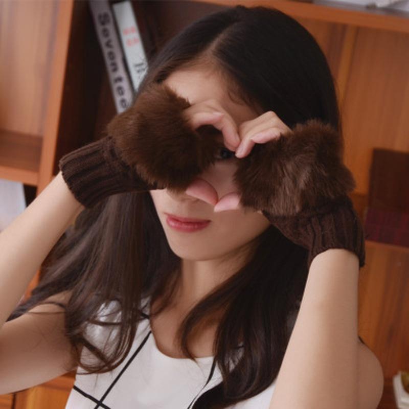 1 Pair Women Lovely Winter Glove Patchwork Knitted Imitation Rabbit Hair Half Finger Warm Gloves