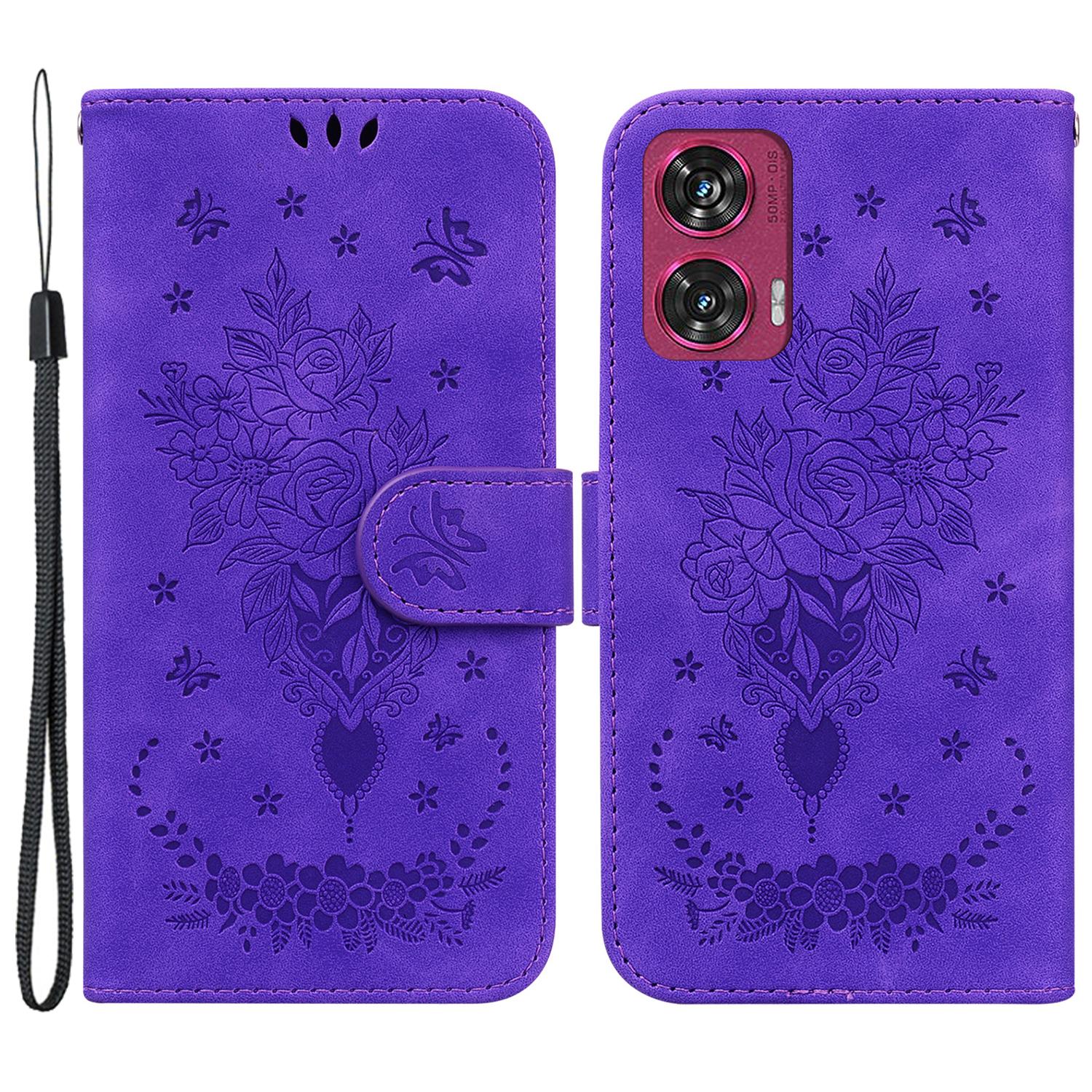

For Motorola Edge 50 Fusion 5G Wallet Phone Case PU Leather Flip Cover Butterfly Flower Imprint Purple