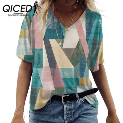 Moda feminina de verão 3D Impressão digital Moda V-neck Casual Camiseta feminina Top