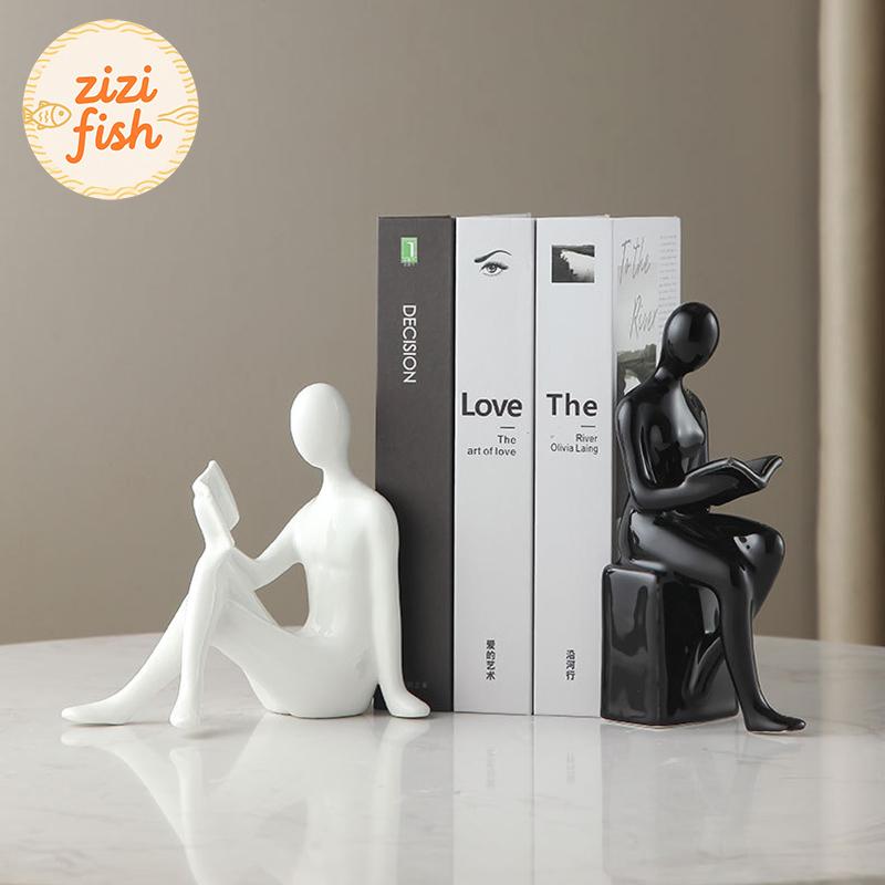 Leser Charakter Keramikstatue 2 Stück Bibliotheksregale Buchstütze Kreatives Handwerk Ornament Figuren Skulptur Raum Ästhetische Dekoration