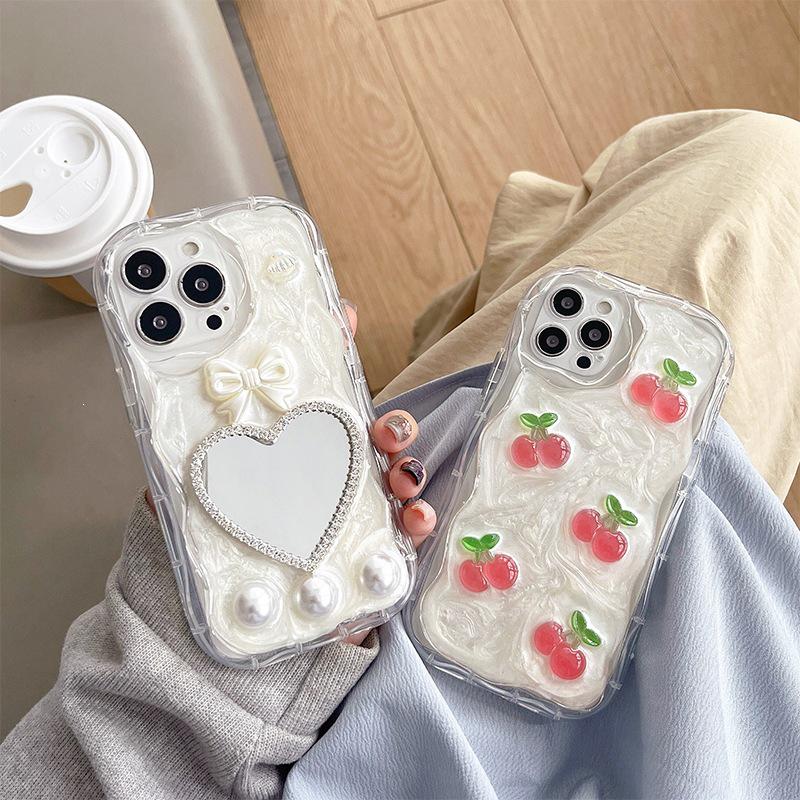 Cherry Blossom Bowknot Heart Mirror Phone Case for iPhone 17 Pro Max - Soft Silicone Ins Style