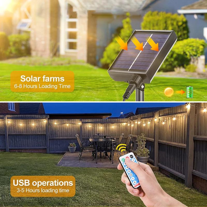 Solar & USB Dual Charging LED String Lights, 15m 15 Lamps, 8 Modes, Brightness Adjustable, Ground Spike & Wall Mount