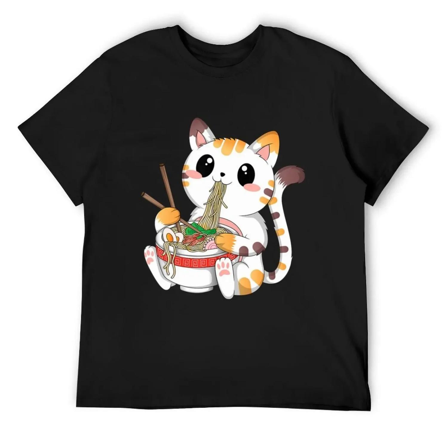 Cute Kawaii Cat Ramen Noodles Anime Neko Japanese Aesthetic T-Shirt sweat anime t shirts fruit of the loom mens t shirts S