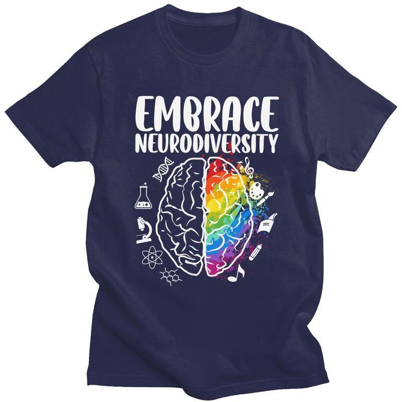 Embrace Neurodiversity Autism Awareness Colorful Brain TShirt Pure Cotton Tee Tops O Neck Tshirts Casual ShortSleeve Clothing