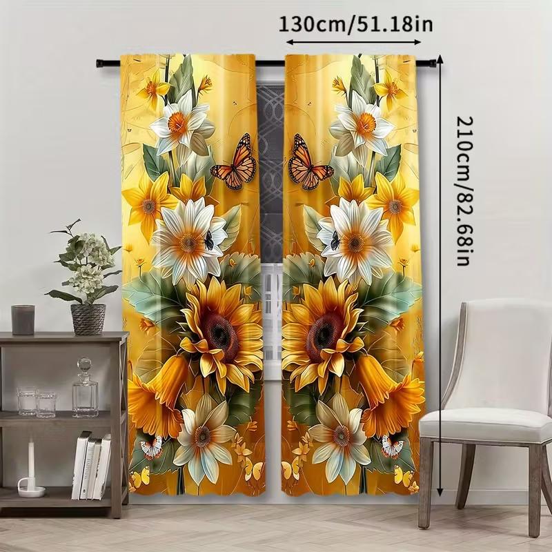 2 Pcs Sunflower butterfly print curtains  suitable for bedroom  living room kitchen decoration  home decoration  window decoration